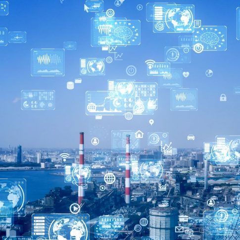 image d'une ville avec icônes de tableaux de bord intégrés